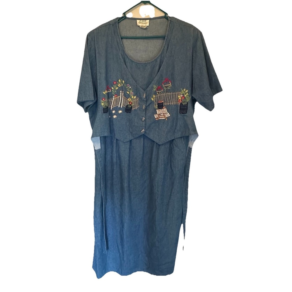 VTG J Gee Denim Embroidered Long Dress Built In Vest 3X Cotton